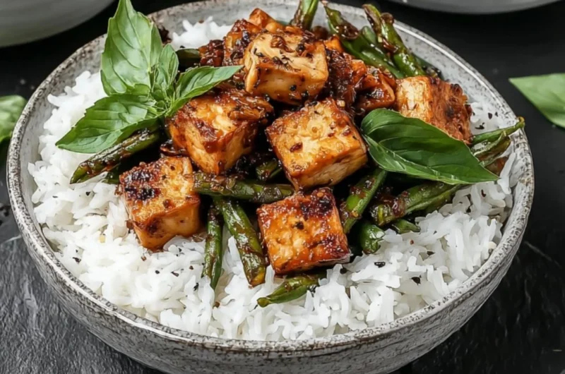 Vegan black pepper tofu stir fry served with vegetables in a bowl