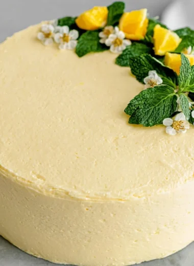 Vegan lemon cake topped with lemon cream cheese frosting on a plate