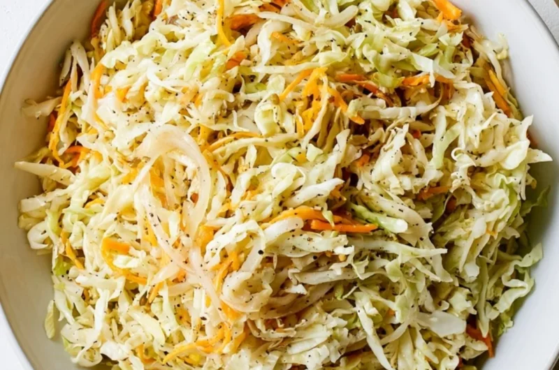 Bowl of fresh vinegar coleslaw with colorful cabbage and carrots