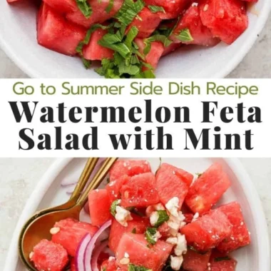 Colorful Watermelon Feta Salad with Mint in a bowl