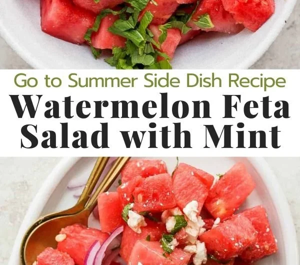 Colorful Watermelon Feta Salad with Mint in a bowl