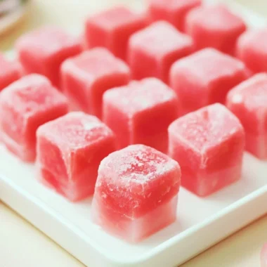 Delicious Watermelon Mochi dessert with a vibrant pink color and a chewy texture.