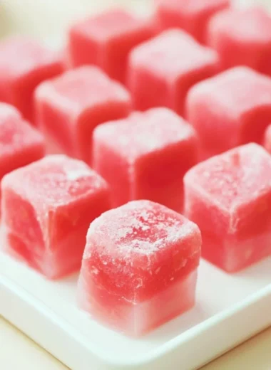 Delicious Watermelon Mochi dessert with a vibrant pink color and a chewy texture.