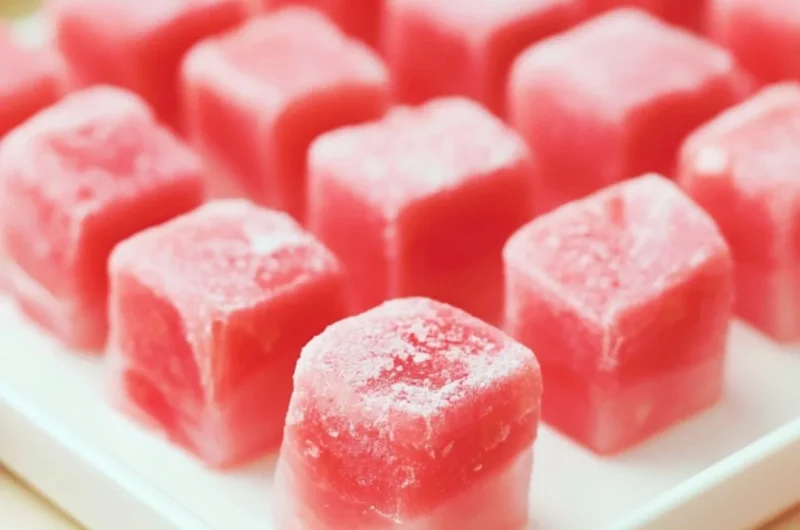 Delicious Watermelon Mochi dessert with a vibrant pink color and a chewy texture.
