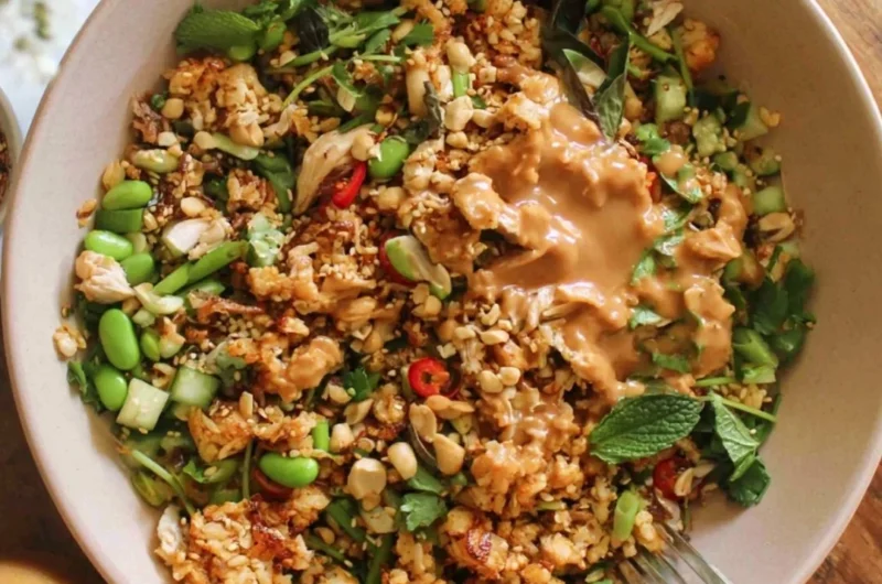 A colorful satay crispy rice salad with vibrant vegetables and crunchy peanuts.