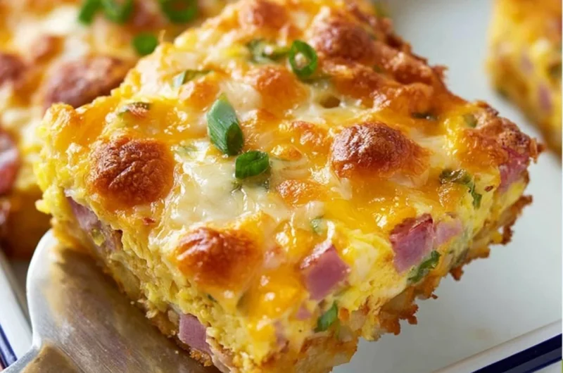 Savory breakfast casserole with hash browns, eggs, ham, and cheese baked to perfection.