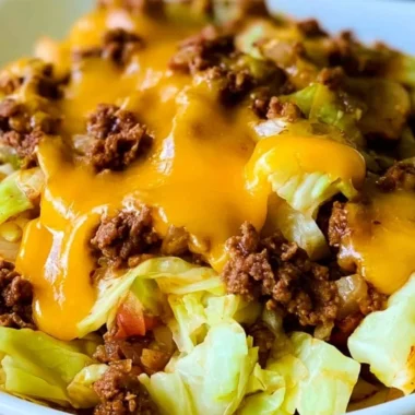 Delicious Cabbage Taco Skillet topped with fresh ingredients in a vibrant dish