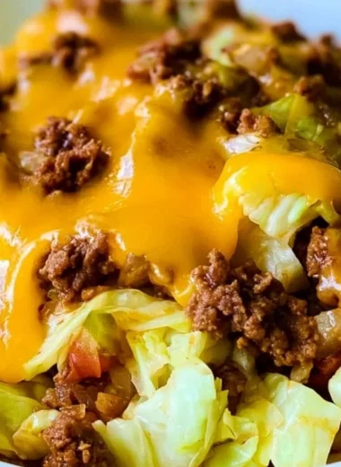 Delicious Cabbage Taco Skillet topped with fresh ingredients in a vibrant dish