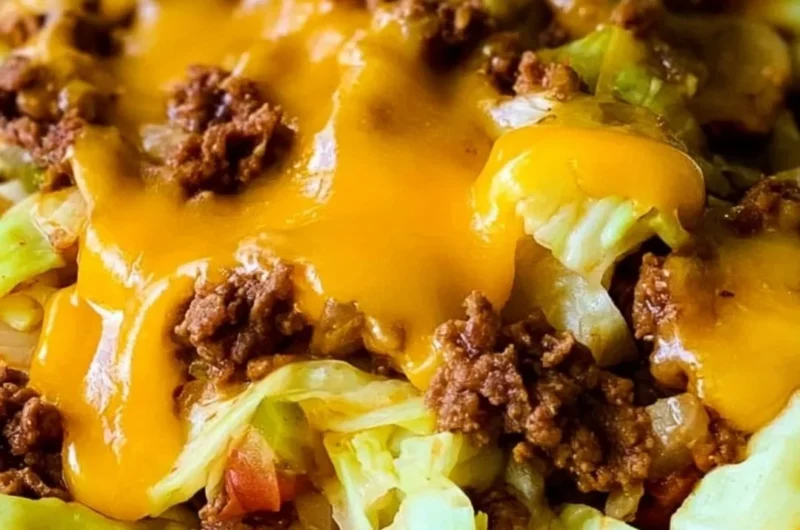 Delicious Cabbage Taco Skillet topped with fresh ingredients in a vibrant dish