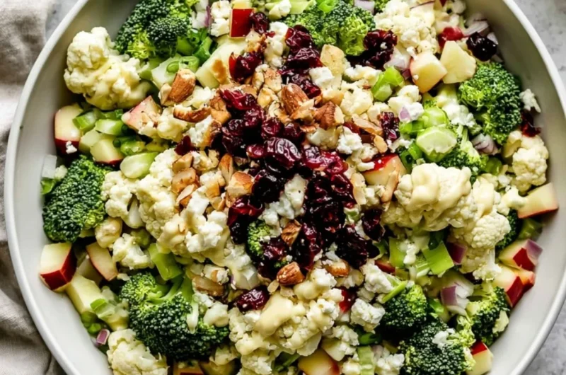 Classic broccoli salad with fresh vegetables and dressing.