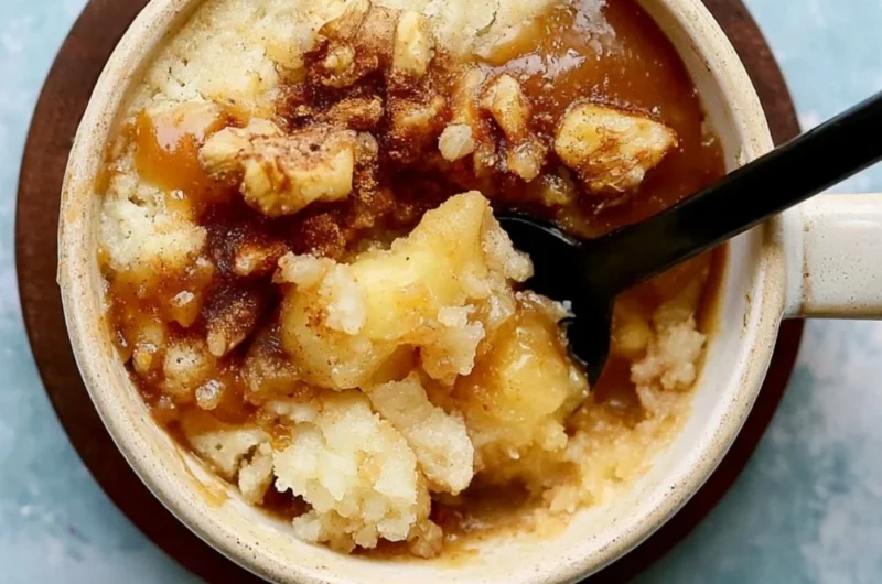 Cozy apple mug cake topped with cinnamon in a white mug