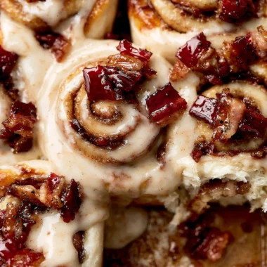 Cozy bourbon maple bacon cinnamon rolls fresh out of the oven