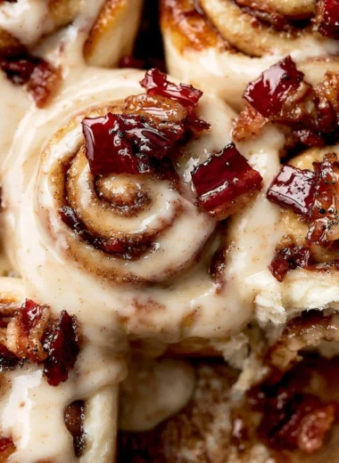 Cozy bourbon maple bacon cinnamon rolls fresh out of the oven