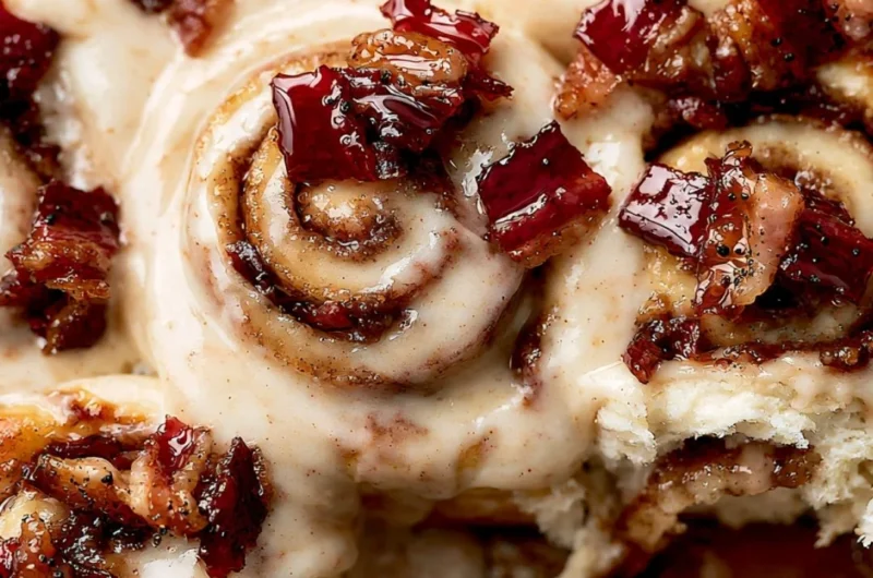 Cozy bourbon maple bacon cinnamon rolls fresh out of the oven