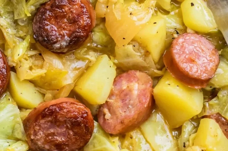 Hearty bowl of cabbage potatoes and sausage meal