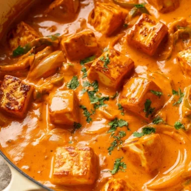 Creamy cottage cheese tikka sauce served in a bowl with spices and garnishes.