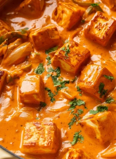 Creamy cottage cheese tikka sauce served in a bowl with spices and garnishes.