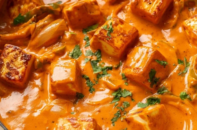 Creamy cottage cheese tikka sauce served in a bowl with spices and garnishes.