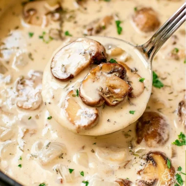 Bowl of cozy cream of mushroom soup garnished with herbs