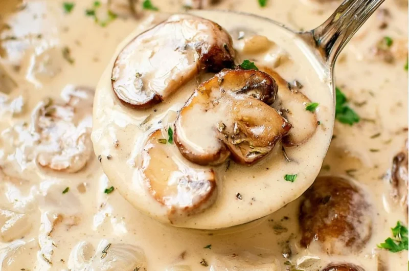 Bowl of cozy cream of mushroom soup garnished with herbs