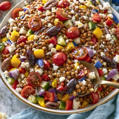 Cozy marinated lentil salad with fresh vegetables and herbs