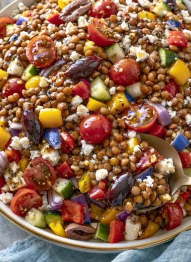 Cozy marinated lentil salad with fresh vegetables and herbs