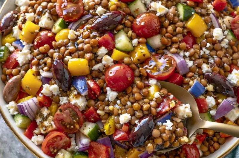Cozy marinated lentil salad with fresh vegetables and herbs