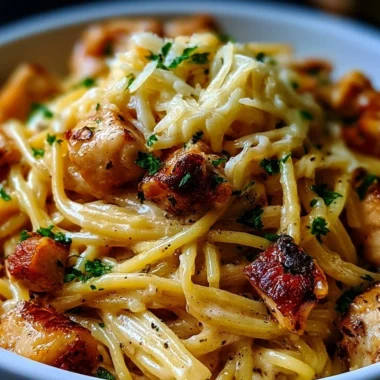 Delicious serving of cozy Monterey chicken spaghetti with colorful ingredients.