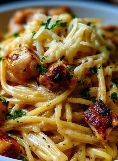 Delicious serving of cozy Monterey chicken spaghetti with colorful ingredients.