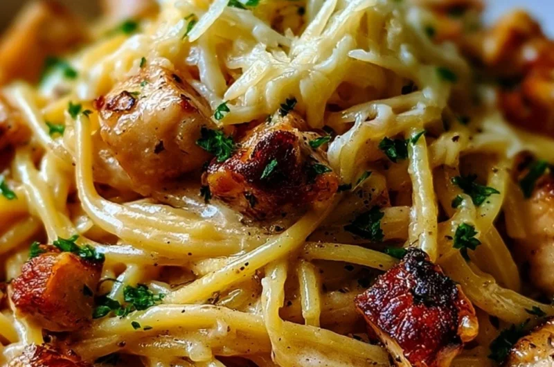 Delicious serving of cozy Monterey chicken spaghetti with colorful ingredients.