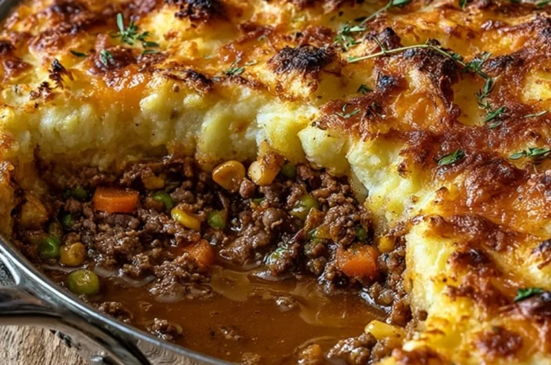 Delicious homemade Shepherd's Pie topped with creamy mashed potatoes