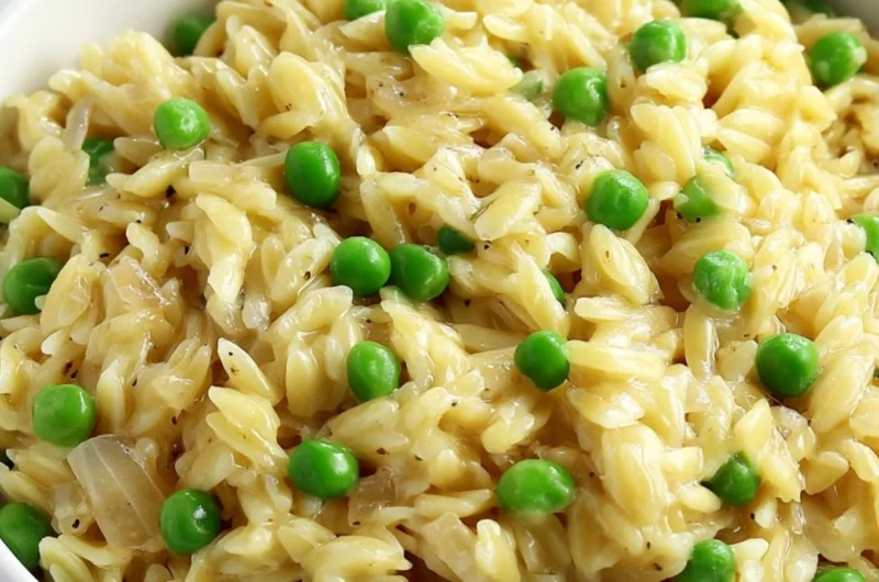A bowl of creamy orzo delight garnished with herbs
