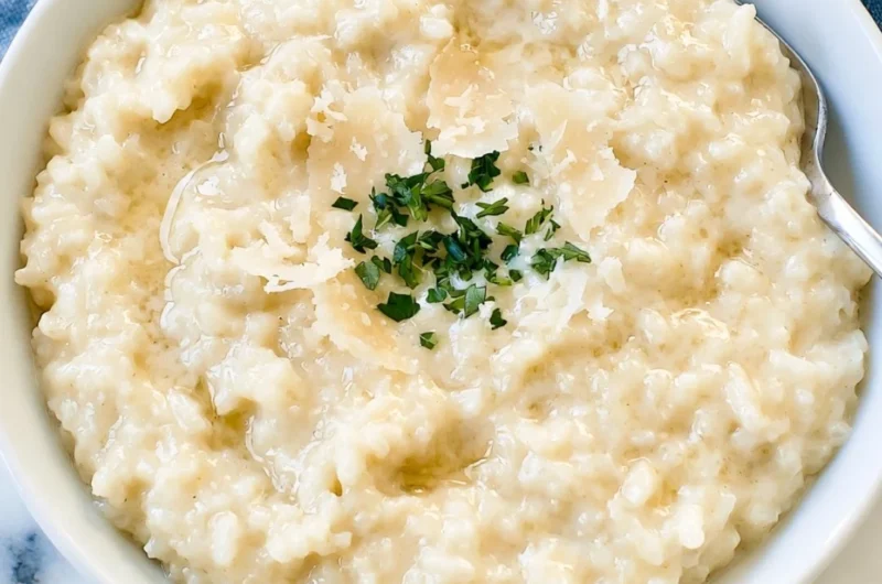 Bowl of creamy Parmesan risotto garnished with fresh herbs