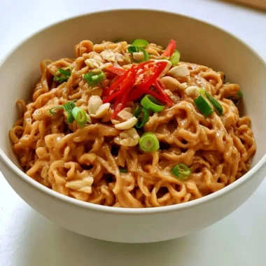 Creamy peanut butter ramen bowl topped with vegetables and herbs