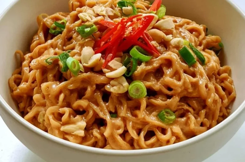 Creamy peanut butter ramen bowl topped with vegetables and herbs