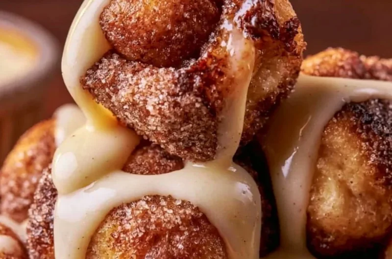 Gooey sourdough discard cinnamon roll bites on a plate
