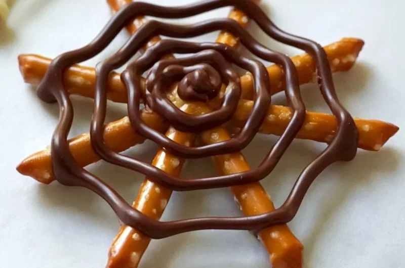 Halloween Chocolate Pretzel Spider Web with white gunpowder decoration