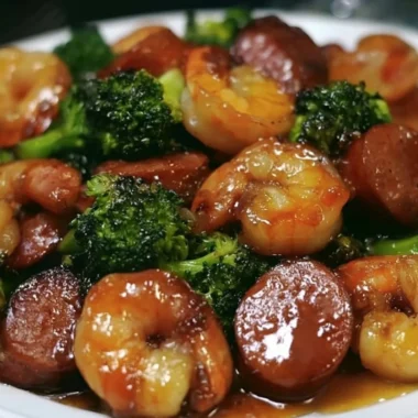 Honey garlic shrimp dish with sausage and broccoli served on a white plate