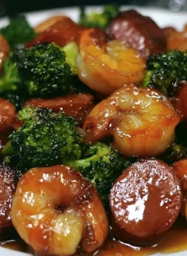Honey garlic shrimp dish with sausage and broccoli served on a white plate