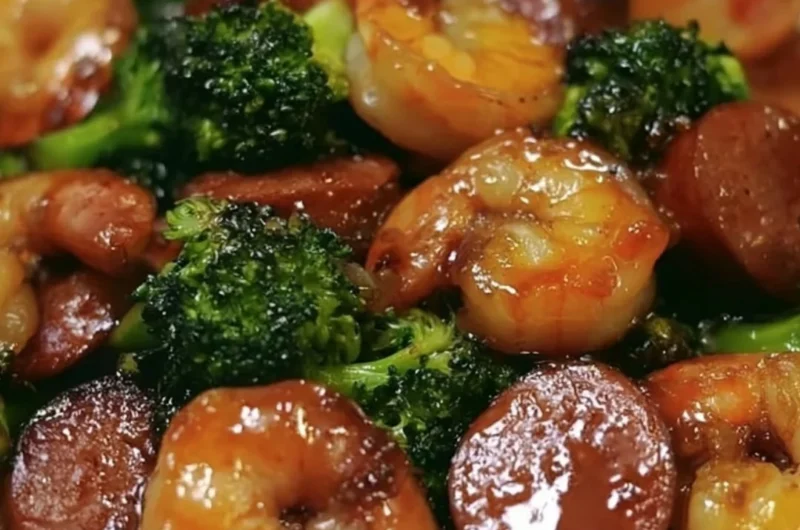 Honey garlic shrimp dish with sausage and broccoli served on a white plate