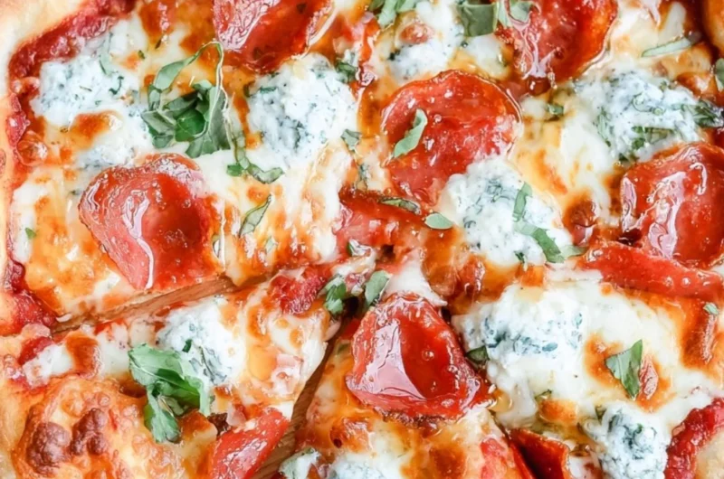 Delicious hot honey pizza with drizzled honey and spicy toppings