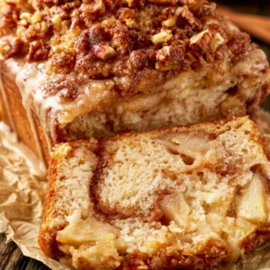 Moist and tender cinnamon apple bread loaf with cinnamon and apples.