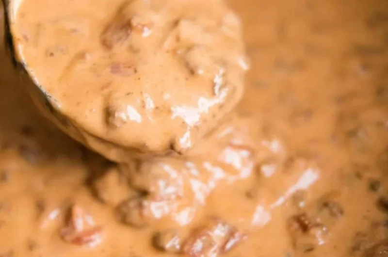 Creamy slow cooker queso dip served with tortilla chips