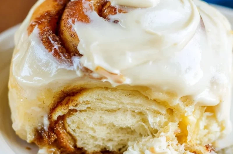 Freshly baked sourdough cinnamon rolls topped with creamy icing