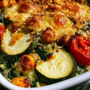 Spinach Zucchini Chickpea Bake fresh from the oven, garnished with herbs.