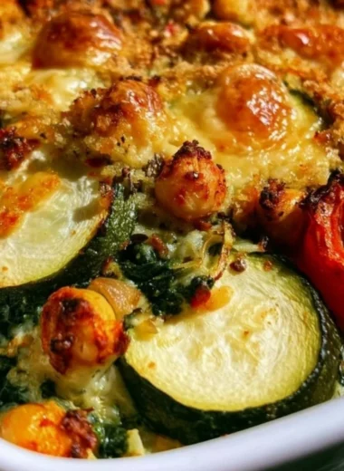 Spinach Zucchini Chickpea Bake fresh from the oven, garnished with herbs.