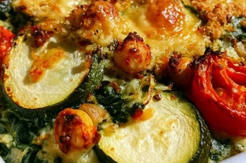 Spinach Zucchini Chickpea Bake fresh from the oven, garnished with herbs.