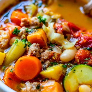 Healthy turkey vegetable soup in a bowl, great for weight loss.