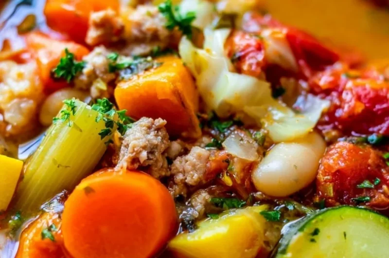Healthy turkey vegetable soup in a bowl, great for weight loss.