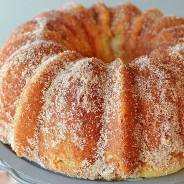 Delicious Apple Cider Bundt Cake topped with caramel apple glaze on a serving plate.